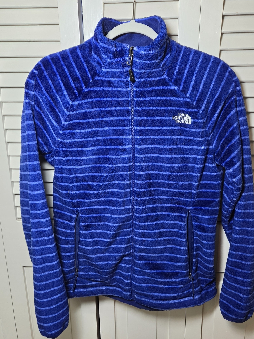 The North Face Blue Striped Teddy Fleece Jacket